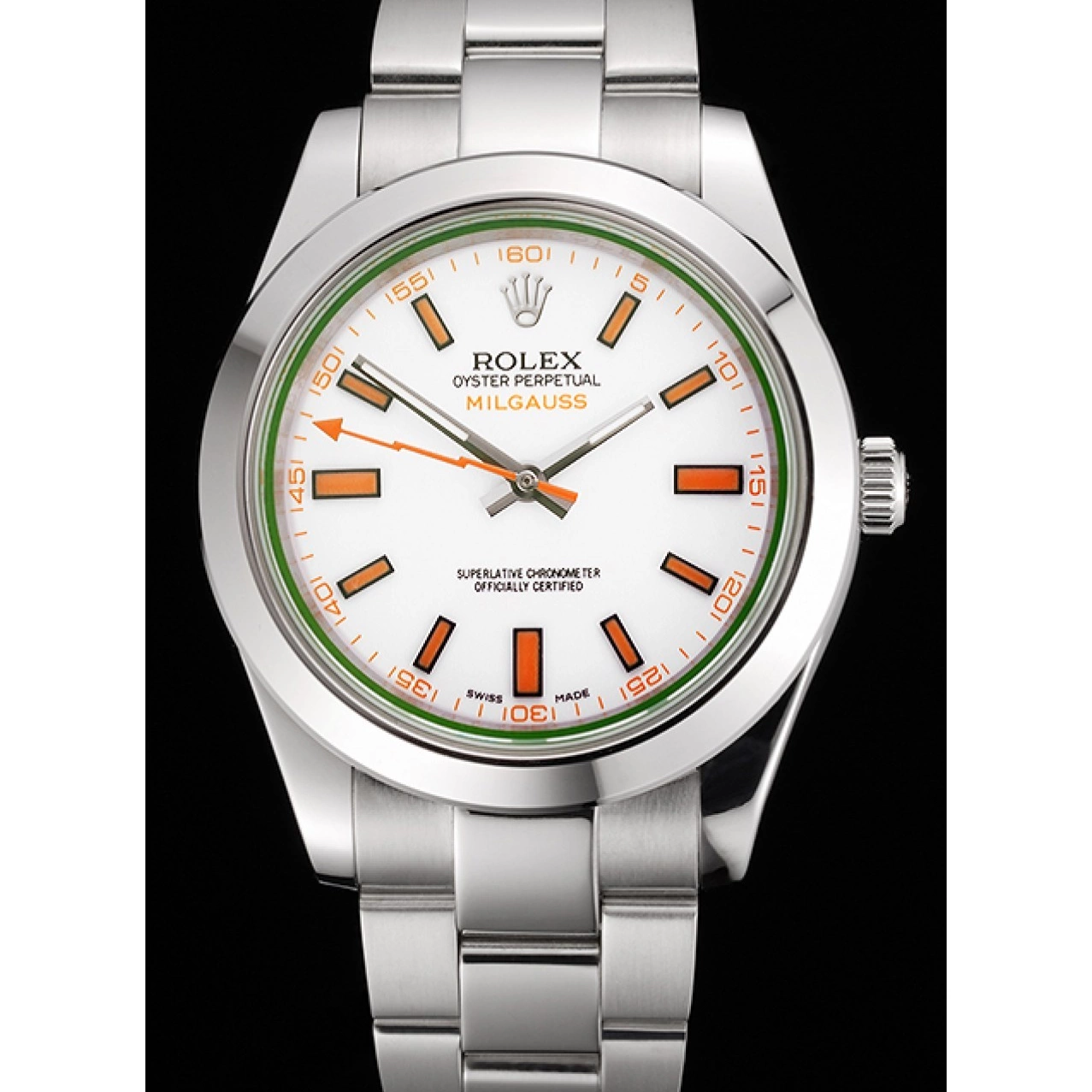 Aaa replica watch Steel Markings Case Orange Dial And White Swiss Stainless Rolex Milgauss Bracelet 0731